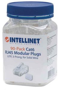 Intellinet RJ45 Modular Plugs, Cat6, UTP, 3-prong, for solid wire, 15 µ gold plated contacts, 90 pack - W125310265
