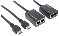 Manhattan 1080P Hdmi Over Ethernet Extender With Integrated Cables, Distances Up To 30M With 2X Cat5E Or Cat6 Ethernet Cables (Not Included), Black, Three Year Warranty, Blister - W128253731