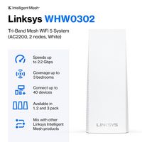 Linksys 2x AC2200 nodes, 2.4 GHz/5GHz, Bluetooth 4.0/LE, 6x antennas, 802.11ac, Tri-Band (867/867/400 Mbps), MU-MIMO, 256 QAM, WPA2, Guest Network, 2x WAN/LAN, 716 MHz Quad Core, 4 GB Flash and 512 MB RAM - W124378635