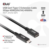 Club3D Usb Gen1 Type-C Extension Cable 5Gbps 60W(20V/3A) 4K60Hz M/F 1M/3.28Ft - W128560903