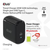 Club3D Travel Charger 65W Gan Technology, Single Port Usb Type-C, Power Delivery(Pd) 3.0 Support - W128561433