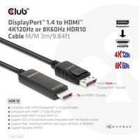 Club3D Displayport 1.4 To Hdmi 4K120Hz Or 8K60Hz Hdr10 Cable M/M 3M/9.84Ft - W128561713