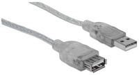 Manhattan USB 2.0 Extension Cable, USB-A to USB-A, Male to Female, 4.5m, Translucent Silver, Polybag - W125009308