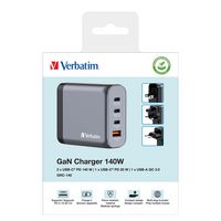 Verbatim GNC-140 GaN Charger 140W with 2 x USB-C® PD 140W. 1 x USB-C® PD 20W / 1 x USB-A QC 3.0 (EU/UK/US) - W128807229