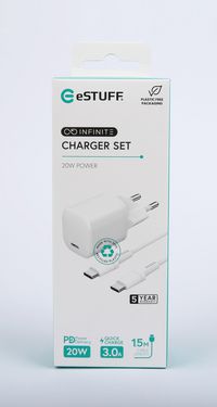 eSTUFF INFINITE Charger Kit PD 20W EU Plug Charger with 1,5m USB-C to USB-C Cable - White - W128441109