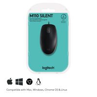 Logitech B110 Corded Silent Mice, Black, USB, 1.8m, 85g, 1000dpi - W124538872