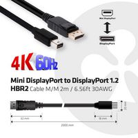 Club3D Mini DisplayPort to DisplayPort 1.2 M/M 2m/6.56ft 4K60Hz - W124947343