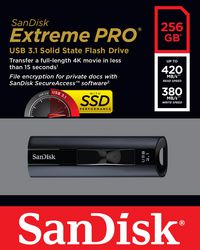 Sandisk 256GB, USB 3.1 (Gen 1), 420MB/s, 380MB/s, 128-bit AES - W125074390