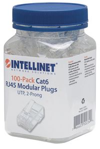 Intellinet RJ45 Modular Plugs, Cat6, UTP, 2-prong, for stranded wire, 15 µ gold plated contacts, 100 pack - W125305070