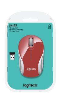 Logitech Wireless Mini Mouse M187, RF Wireless, Alkaline, Red - W124883708