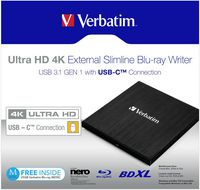 Verbatim EXTERNAL ULTRA HD 4K EXTERNAL SLIMLINE BLU-RAY WRITER USB 3.1 GEN 1 WITH USB-C CONNECTION - W125625516