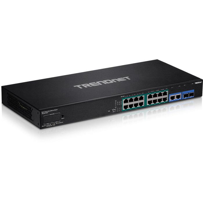 TRENDnet 18xRJ-45, 16xPoE+, 2xSFP, Gigabit Ethernet, 100-240V, 50/60Hz, 14W, 440x195x44.4mm, 2.93kg, Black - W124875962