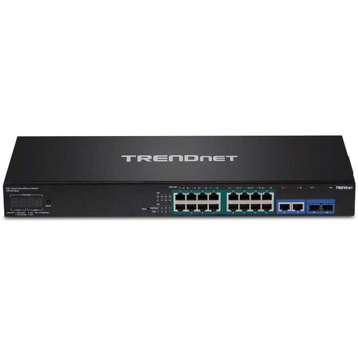 TRENDnet 18xRJ-45, 16xPoE+, 2xSFP, Gigabit Ethernet, 100-240V, 50/60Hz, 14W, 440x195x44.4mm, 2.93kg, Black - W124875962