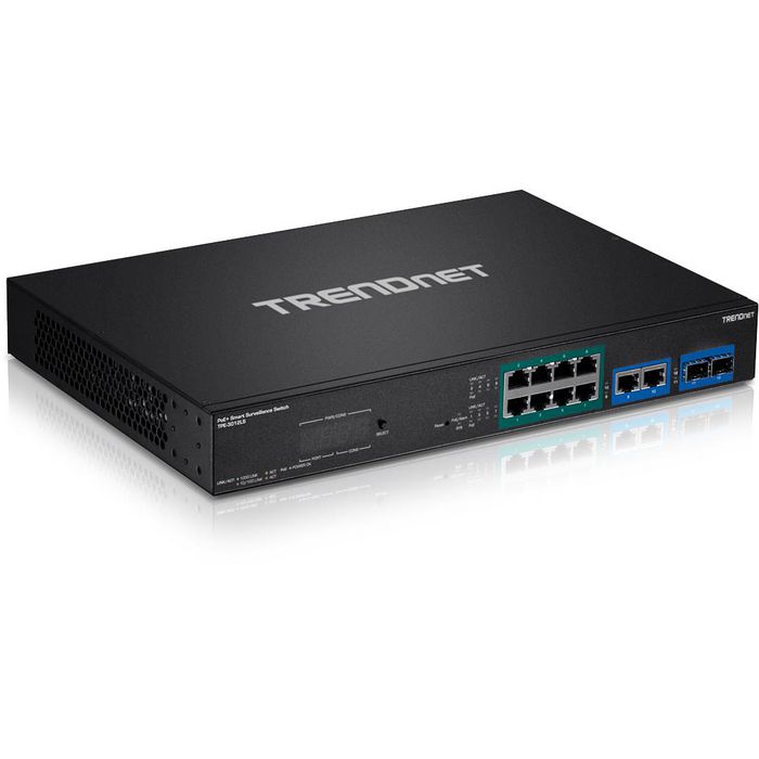 TRENDnet 10xRJ-45, 8xPoE+, 2xSFP, Gigabit Ethernet, 100-240V, 50/60Hz, 10W, 330x230x44.4mm, 2.26kg, Black - W124976235