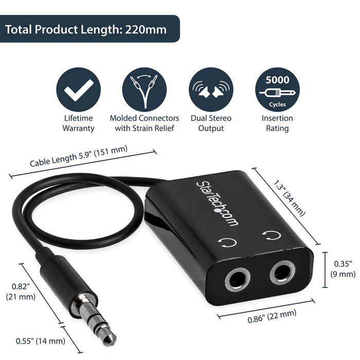 StarTech.com StarTech.com Black Slim Mini Jack Headphone Splitter Cable Adapter - 3.5mm Audio Mini Stereo Y Splitter - 3.5mm Male to 2x 3.5mm Female - W124965911