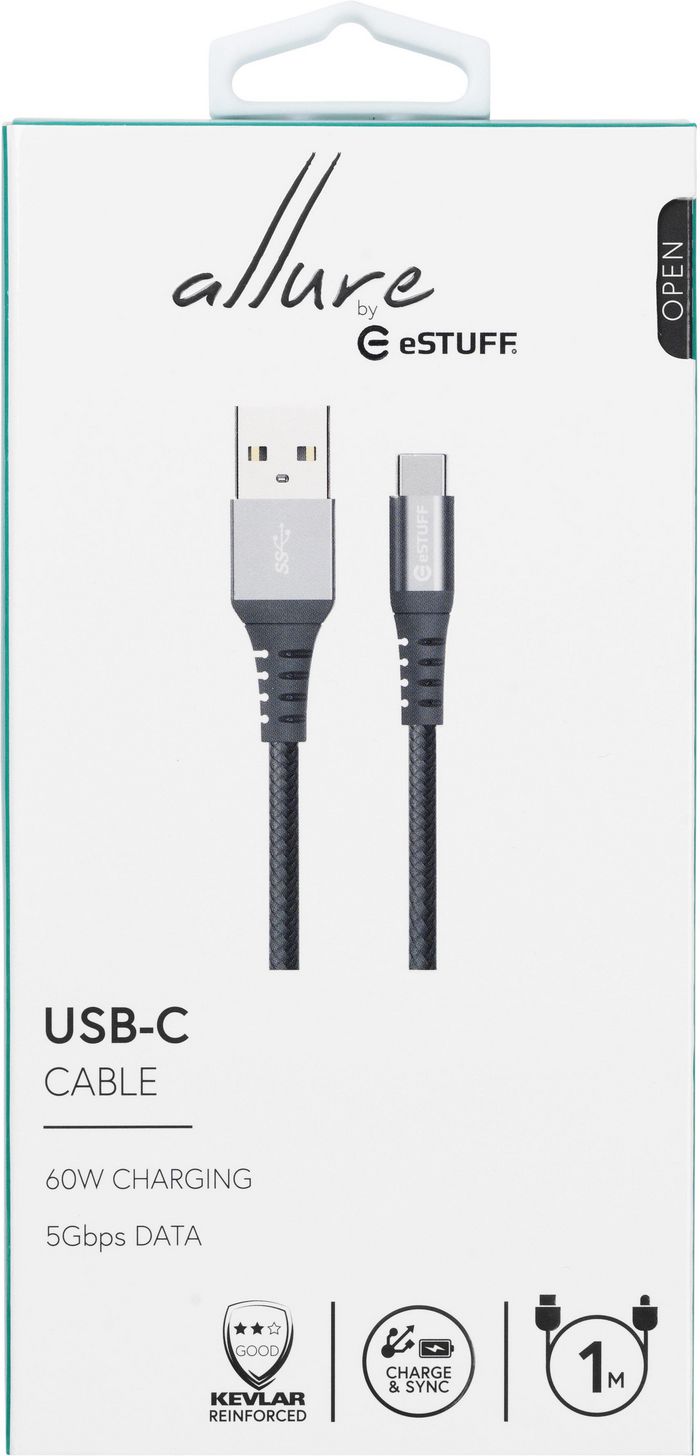 eSTUFF USB-C to USB-A Cable 1m Grey Nylon - W125319163
