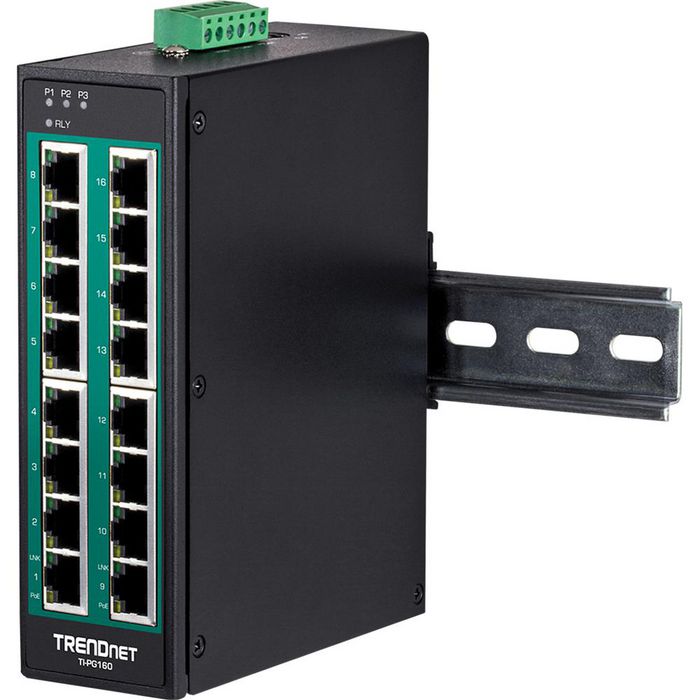 TRENDnet TI-PG160 16-Port Industrial Gigabit PoE+ DIN-Rail Switch - W124376217