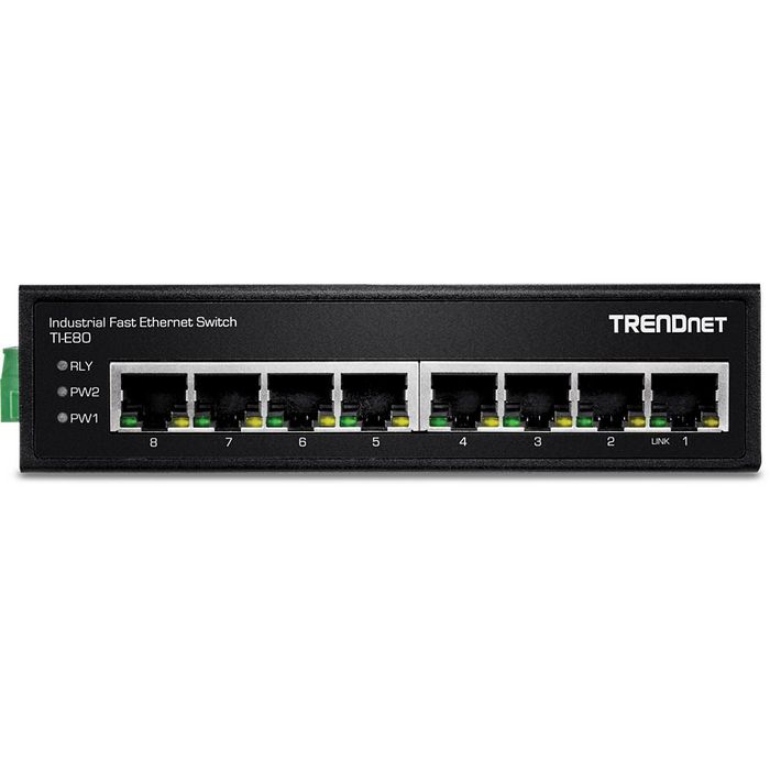 TRENDnet TI-E80, 8x 100MBs RJ-45, 1.6Gbps, 1.19Mpps, 6-pin terminal block, 12-56V DC, IP30, 142x105x37 mm - W124476204