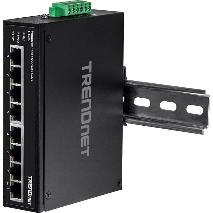 TRENDnet TI-E80, 8x 100MBs RJ-45, 1.6Gbps, 1.19Mpps, 6-pin terminal block, 12-56V DC, IP30, 142x105x37 mm - W124476204