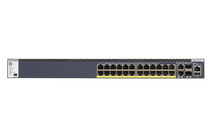 Netgear Stackable Managed Switch, L3, 24-port 1000BASE-T (RJ45) PoE+, 2-port 10GBASE-T (RJ45), 2-port 10GBASE-X (SFP+), 128Gbps, USB, Mini-USB / RJ45 / RS232 console ports, APS1000W PSU - W124590012
