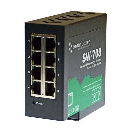 Brainboxes 8 x 10/100 Fast Ethernet, Din rail mounted, 5V - 30V DC, Black - W124590886