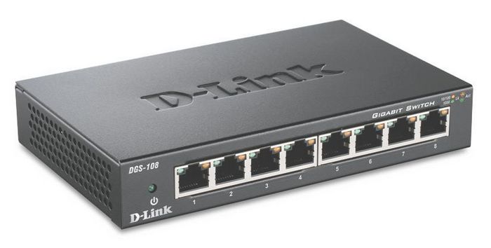 D-Link DGS-108 - 8-Port 10/100/1000 Gigabit Metal Housing Desktop Switch, Auto MDI/MDIX, Full/half-duplex, Jumbo Frames, 16 Gbps, QoS, Black - W124693769