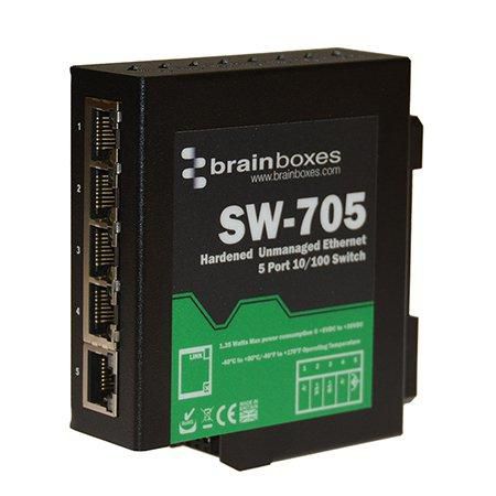 Brainboxes 5 x 10/100 Fast Ethernet, Din rail mounted, 5V - 30V DC, Black - W125090433