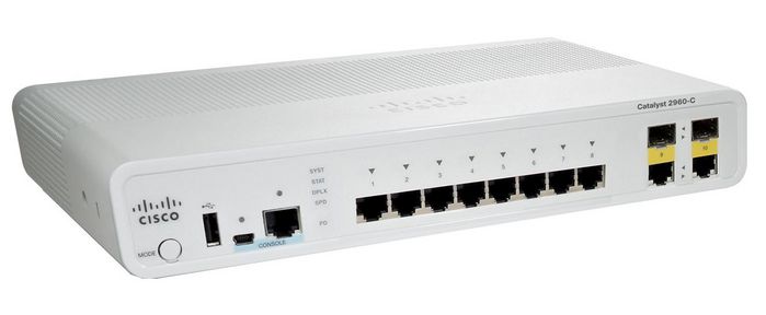 Cisco Catalyst 2960-C, Fast Ethernet, 8 x 10/100 LAN, 2 x 1Gb Combo SFP, LAN Base, 1.08kg, White - W127875813