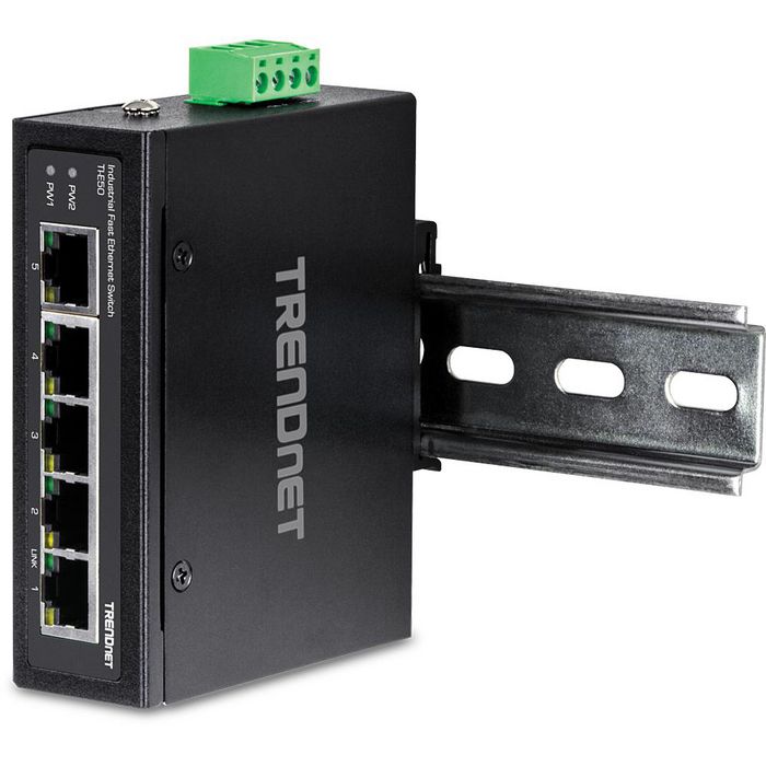 TRENDnet TI-E50, 5x 100MBs RJ-45, 4-pin terminal block, 1Gbps, 0.744Mpps, 12-56V DC, IP30, 104x82x32 mm - W125275535
