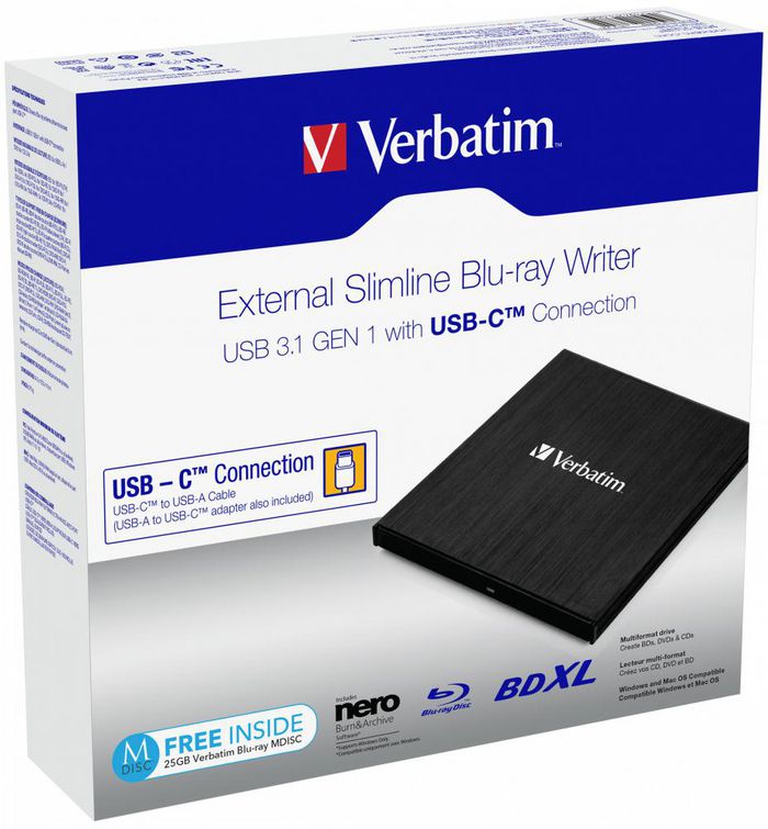 Verbatim External Slimline Blu-ray writer, USB 3.1 Gen 1 Type C - W125625515