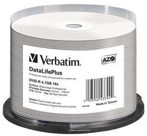 Verbatim DVD-R 16x DataLifePlus, 4.7GB, 50pk Spindle, No ID Brand - W124881475
