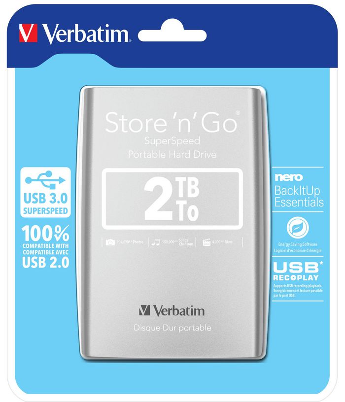 Verbatim Store 'n' Go, 2TB, 5400 RPM, USB 3.0, Argenté - W124423423