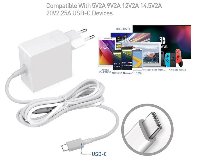 CoreParts USB-C Power Adapter 45W 5V2A-20V2.25A USB PD3.0 Plug: USB-C EU & UK Wall - For New Apple MacBooks & Ipad Pro 5V2A,9V2A,12V2A,15V3A,20V2.25A, Compatible with all brands of laptops and mobile devices - W125262643