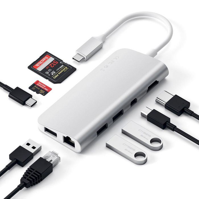 Satechi USB-C, 3 x USB-A, mini DisplayPort, HDMI, RJ45, Micro SD/SD, USB-C, Silver - W124475469