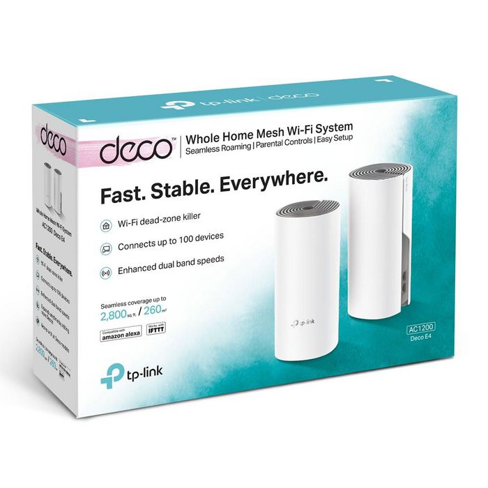 TP-Link AC1200 Whole Home Mesh Wi-Fi System Deco E4, 2x WAN/LAN (10/100Mbps), SDRAM: 128 MB, Flash: 16 MB, 802.11ac, 2.4/5GHz, up to 867Mbps, WPA-PSK/WPA2-PSK, White - W125508512