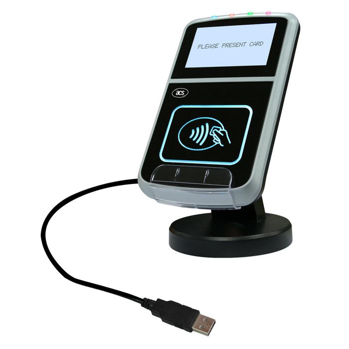 ACS USB CCID Contactless Reader, Graphical LCD, 13.56 MHz RFID, ISO 14443-4, 12 Mbps, USB Type A, Tamper Switch, 3 Standard SIM-sized Card Slots - W124545133