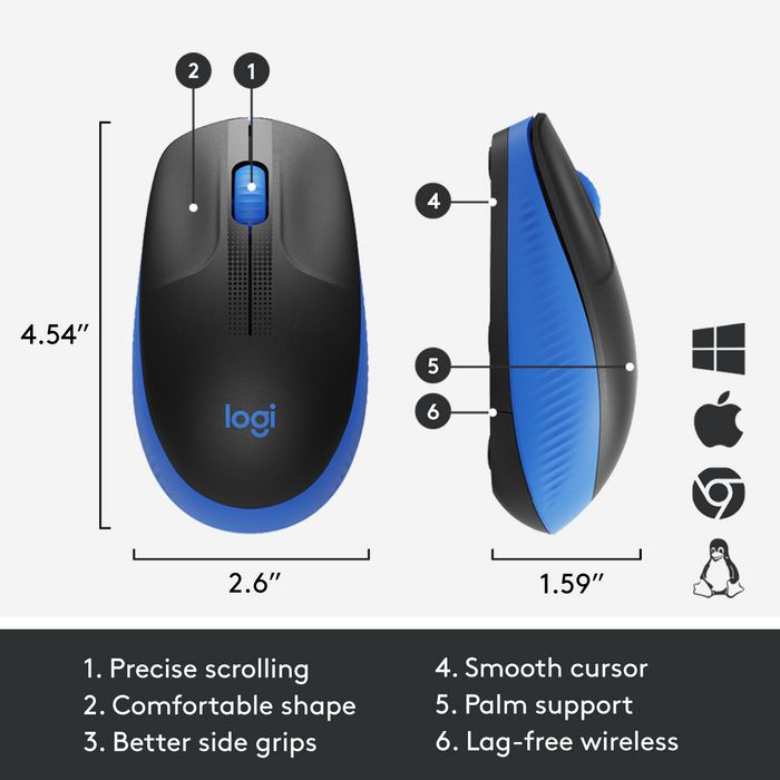 Logitech M190 Full-size wireless mouse, RF Wireless, Alkaline, Blue - W125905720