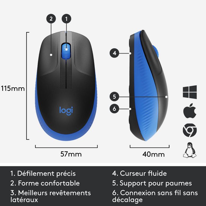 Logitech M190 Full-size wireless mouse, RF Wireless, Alkaline, Blue - W125905720