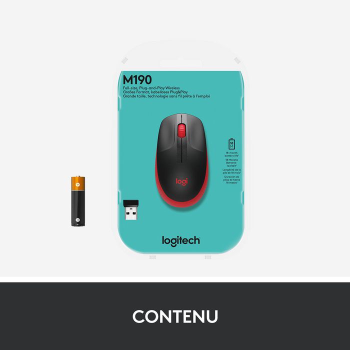 Logitech M190 Full-size wireless mouse, RF Wireless, Alkaline, Red - W125905721