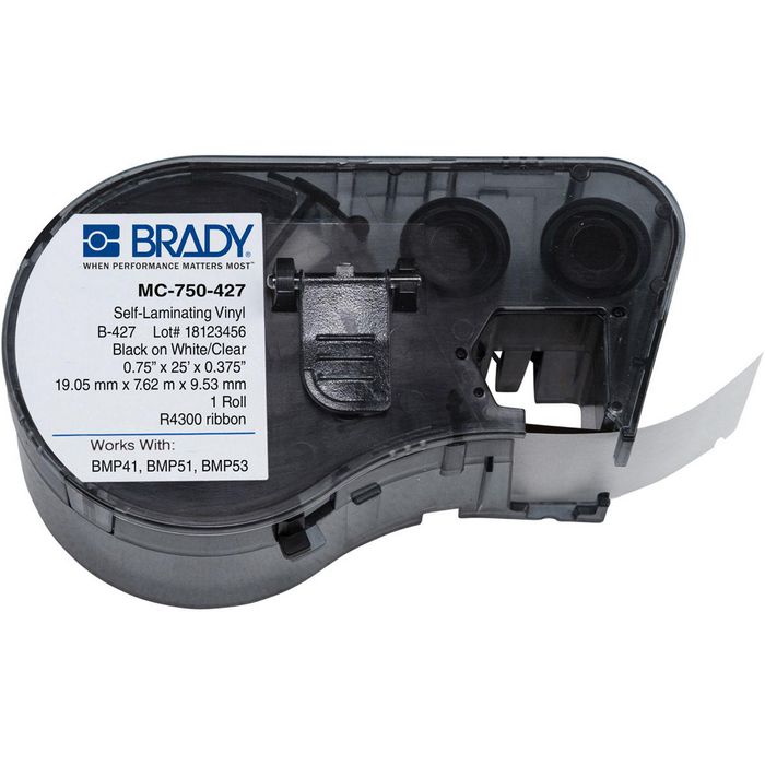 Brady Black on White, Transparent BMP41/BMP51/BMP53 Labelmaker Labels 19.05 mm X 7.62 m - W125864786