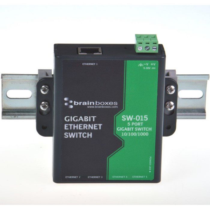 Brainboxes 5 Port Unmanaged Gigabit Ethernet Switch Wall Mountable, Optional DIN Rail Mount, Auto MDI/ MDIX, 3.6W Max: 720mA@+5VDC/120mA@+30VDC, IP30 Non-Conducting Polyamide Case - W125799082