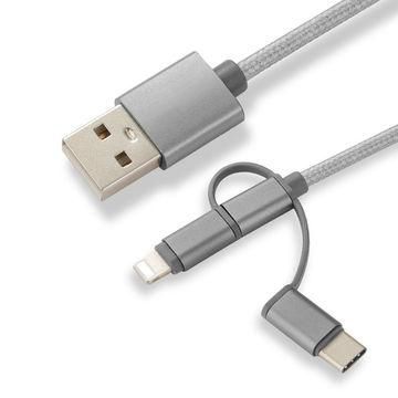 CoreParts 3-in-1 adapters Charging cable Micro USB, USB-C and Lightning Nylon Braided with 3 separate connectors 1M - W125263465