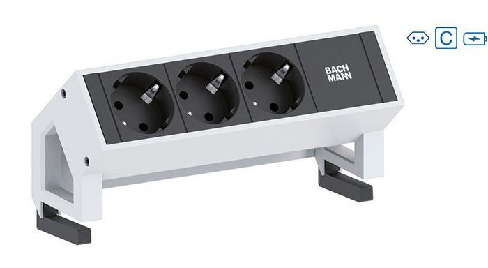 Bachmann DESK 2 power strips – white, 2x Swiss socket (10A), Socket orientation 90°, USB Charger, 2x Custom Module, 282 mm - W125898895