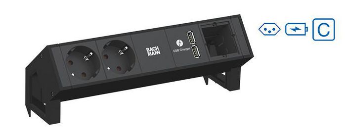Bachmann DESK 2 power strips – black, 2x Swiss socket (10A), Socket orientation 90°, USB Charger, 1x Custom Module, 261 mm - W125898901