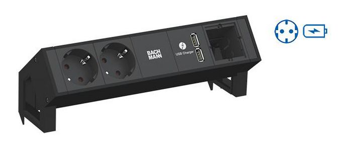 Bachmann DESK 2 power strips – black, 1x Type F, Socket orientation 35°, USB Charger, 155 mm - W125898906