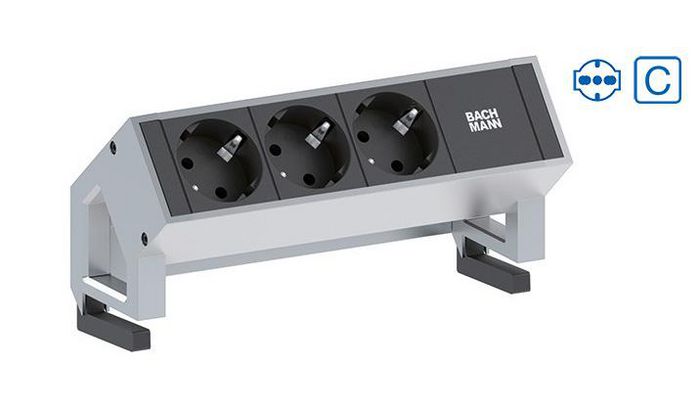 Bachmann DESK 2 power strips – stainless steel, 3x Italy/socket, Socket orientation 35°, 2x Custom Module, 319 mm - W125898898