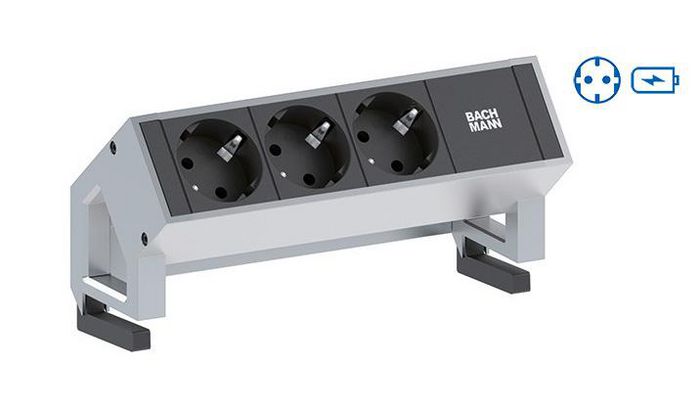 Bachmann DESK 2 power strips – stainless steel, 2x Type F, Socket orientation 35°, USB Charger, 155 mm - W125898900