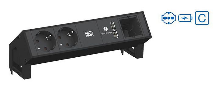 Bachmann DESK 2 power strips – black, 3x Italy/socket, Socket orientation 35°, USB Charger, 1x Custom Module, 325 mm - W125898910