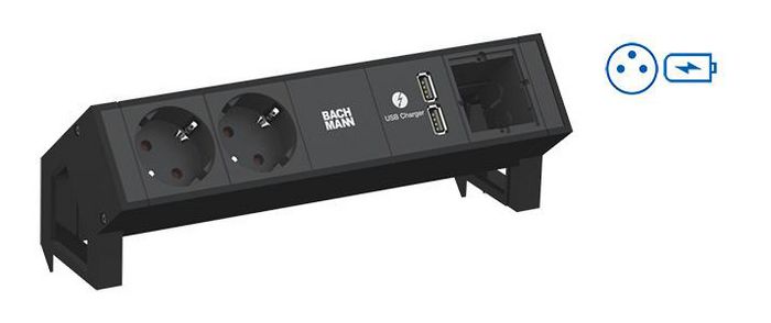 Bachmann DESK 2 power strips – black, 1x UTE socket, Socket orientation 35°, USB Charger, 155 mm - W125898907