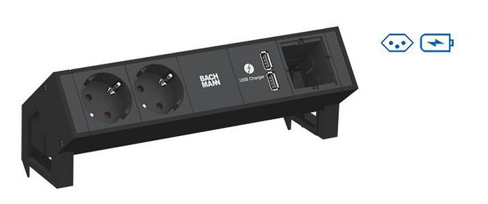 Bachmann DESK 2 power strips – black, 1x Swiss socket (10A), Socket orientation 90°, USB Charger, 155 mm - W125898908